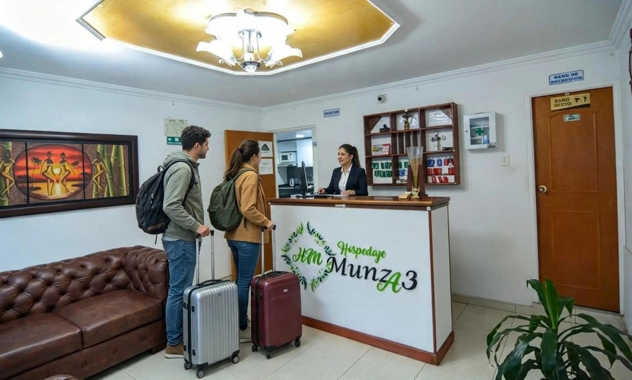 Huéspedes recibiendo atención en la recepción de Hospedaje Munza 3